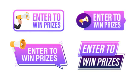 Enter to win prizes text with Megaphone label set. Megaphone in hand promotion banner. Marketing and advertisingのイラスト素材