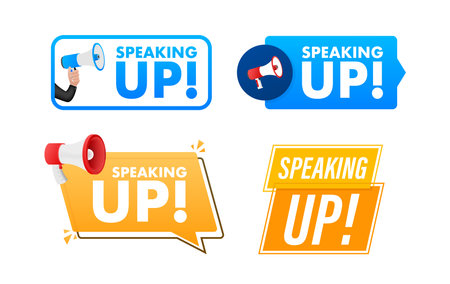 Speak up text with Megaphone label set. Megaphone in hand promotion banner. Marketing and advertisingのイラスト素材