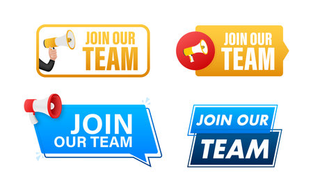 Join Our Team text with Megaphone label set. Megaphone in hand promotion banner. Marketing and advertisingのイラスト素材