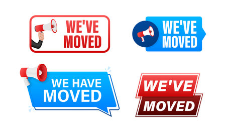 We have moved text with Megaphone label set. Megaphone in hand promotion banner. Marketing and advertisingのイラスト素材