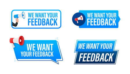 We want your feedback text with Megaphone label set. Megaphone in hand promotion banner. Marketing and advertisingのイラスト素材