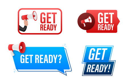 Get ready text with Megaphone label set. Megaphone in hand promotion banner. Marketing and advertisingのイラスト素材