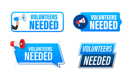 Volunteers needed text with Megaphone label set. Megaphone in hand promotion banner. Marketing and advertisingのイラスト素材