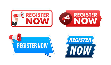 Register now text with Megaphone label set. Megaphone in hand promotion banner. Marketing and advertisingのイラスト素材