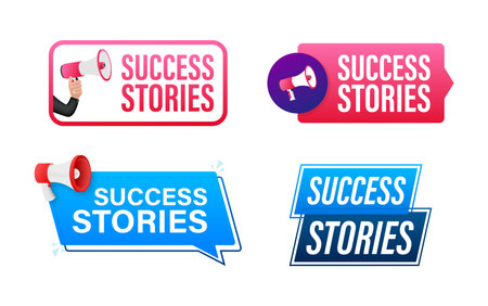Success stories text with Megaphone label set. Megaphone in hand promotion banner. Marketing and advertisingのイラスト素材
