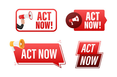 Act now text with Megaphone label set. Megaphone in hand promotion banner. Marketing and advertisingのイラスト素材