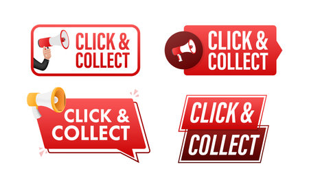 Click and collect text with Megaphone label set. Megaphone in hand promotion banner. Marketing and advertisingのイラスト素材