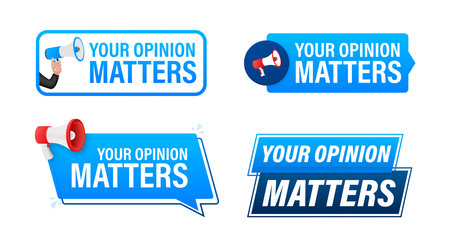 Your opinion matters text with Megaphone label set. Megaphone in hand promotion banner. Marketing and advertisingのイラスト素材