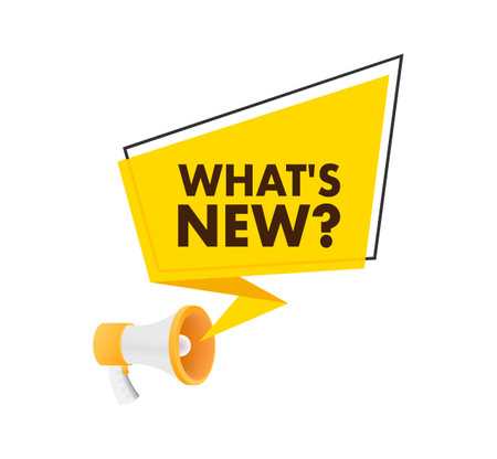 Whats new text with Megaphone label. Megaphone in hand promotion banner. Marketing and advertising.のイラスト素材