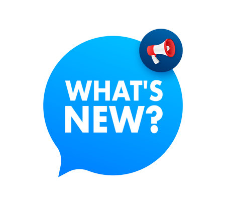Whats new text with Megaphone label. Megaphone in hand promotion banner. Marketing and advertising.のイラスト素材