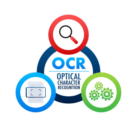 OCR - Optical character recognition. Document scan. Process of recognizing document. Vector stock illustrationのイラスト素材