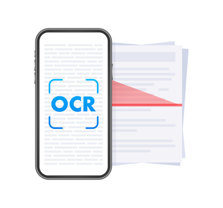 OCR - Optical character recognition. Document scan. Process of recognizing document. Vector stock illustrationのイラスト素材