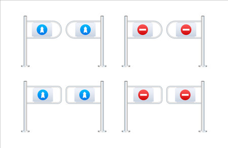 Shop entrance gate icon. Security turnstile gates with directional and no entry signs for controlled access.のイラスト素材