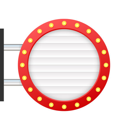 Round white sign with red frame and light bulbs hanging on a metal poleのイラスト素材