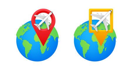 Airplane flying around a globe with location pinsのイラスト素材