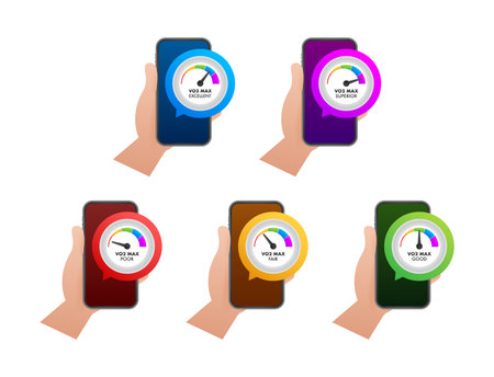 Hands holding smartphones showing VO2 max fitness scores levelsのイラスト素材