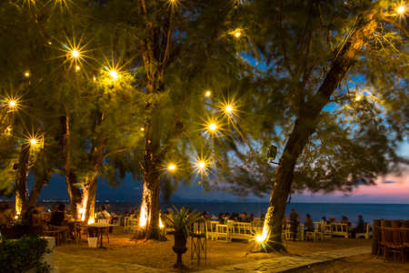 Blur leaf and blue people in Tungsten light pattaya cafe at nightの写真素材