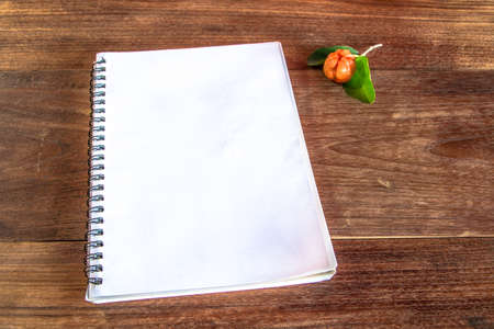 Write book with ingredient  herbs and spices on wooden backgroundの写真素材