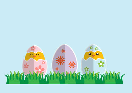 Wallpaper Easter eggs 3 eggs Easter eggs. Crack two eggs and Easter eggs are cute chick hatch on the grass. Can be used for various media.のイラスト素材
