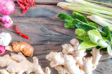 raw material spicesingredients in Thailand on old wooden plate.の写真素材