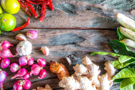 raw material spicesingredients in Thailand on old wooden plate.の写真素材