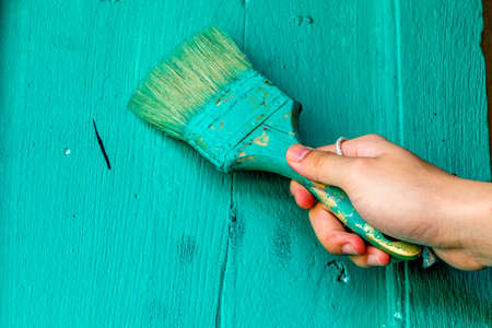 Hand use brush painting to the wall with green color.の写真素材