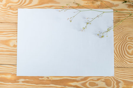The white paper is placed on a wooden deck with flowers and leaves.