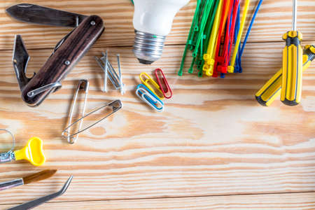 Flat lay Style Modern Design of worker Workplace, Set of Business Work Flow Items and Gadgets. Working or Studying Concept, Top View.の写真素材