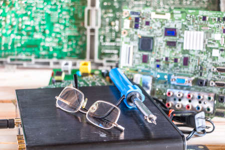 Electronic circuit board Computer motherboard with a view of parts and componentsの写真素材