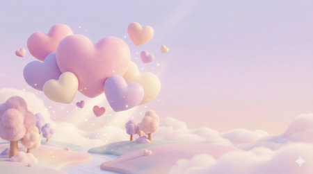 Cute and whimsical 3D illustration of fluffy heart-shaped clouds floating in a soft pastel pink and purple sky. Concept for Valentine's Day background, romantic dream world, and sweet love wallpaper. Generative AI.の素材