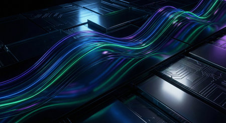 High-quality 3D illustration of a dark metallic circuit surface with flowing neon blue, green, and purple data wave lines. Concept for futuristic technology, fiber optics, high-speed internet, and cyberpunk aesthetic. Generative AI.の素材