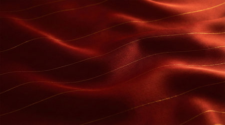 Luxurious close-up of flowing dark red silk fabric texture with subtle golden thread lines. Abstract background concept for fashion, Chinese New Year, and elegant celebration. Generative AI.の素材