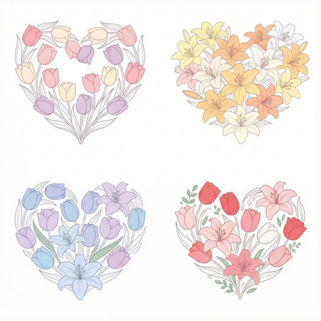 Set of hand drawn flowers in the shape of heart. Vector illustration.の素材
