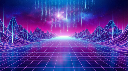 Abstract 3D illustration of a futuristic cyberpunk cityscape with glowing neon light trails moving rapidly along a digital data highway. Concept for metaverse, high-speed 5G/6G internet connection, and virtual reality technology background. Generative AI.の素材