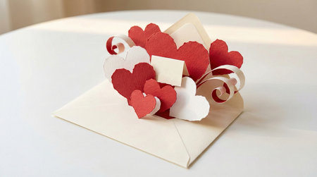 High-quality paper craft illustration of an open envelope with red and white paper hearts and a "Love, Always" card popping out. Concept for Valentine's Day, handmade greeting, and romantic origami art. Generative AI.の素材