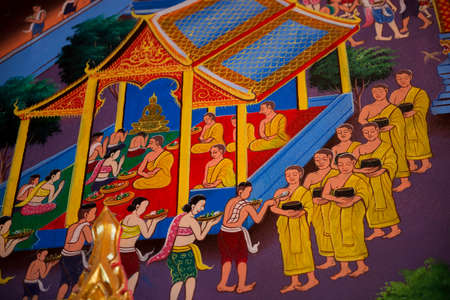 traditional Thai style art painting on wall  in temple ,Thailandのeditorial素材