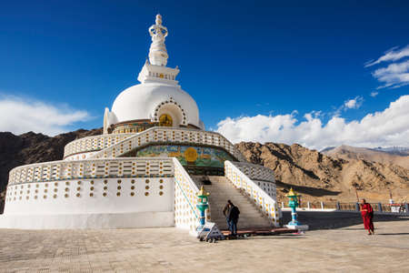 LADAKH ,INDIA - SEPTEMBER 2014 - Lama Tibetan walk around the Shanti Stupa the Peace Pagoda. It was built in 1991 by Japanese Buddhistのeditorial素材