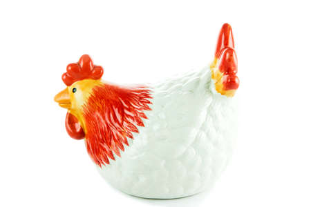 Ceramic white hen piggy bank isolated on white background.の写真素材