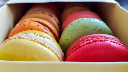 colorful macarons in a box.の写真素材