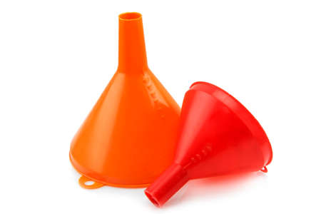 Different size of red plastic funnel isolated on whiteの写真素材