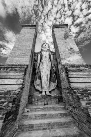 Black and White. Ancient Buddha Statue at Sukhothai historical park, Mahathat Temple ,Thailand.の写真素材