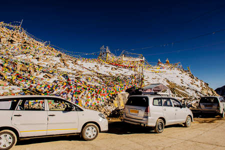 Caravan road trip at Chang La Pass, the third highest driveable mountain pass in the world 5300m. above sea level, Ladakh, jammu  kashmir, India.の写真素材