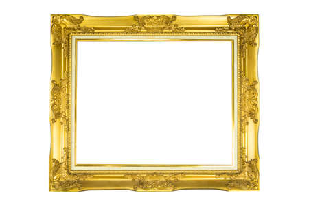 Wood gold picture frame for wedding or family photography isolated on white.の写真素材