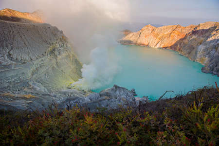 Kawah Ijen Crater at sunrise panoramic view, Indonesia.の写真素材