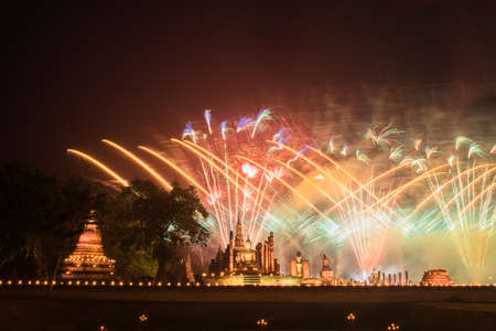 Fireworks at Sukhothai historical park, Mahathat Temple ,Thailand.の写真素材