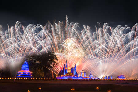 Fireworks at Sukhothai historical park, Mahathat Temple ,Thailand.の写真素材
