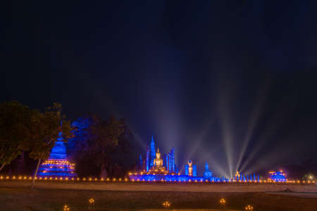 Night scene of Sukhothai historical park, Mahathat Temple ,Thailand.の写真素材
