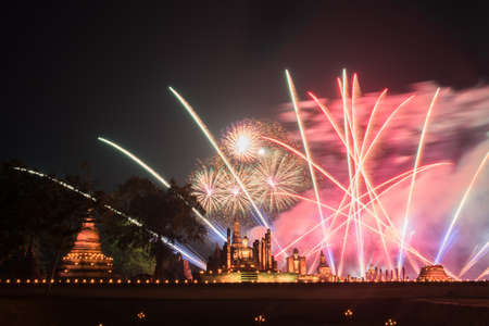 Fireworks at Sukhothai historical park, Mahathat Temple ,Thailand.の写真素材