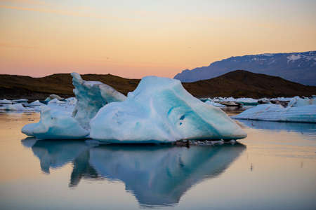 Icebergs in Jokulsarlon glacier lagoon. Vatnajokull National Park, Iceland Summer.Midnight Sun.