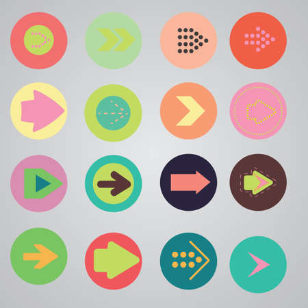 Arrow sign icon set. Simple circle shape internet button on gray background. Contemporary modern style.のイラスト素材